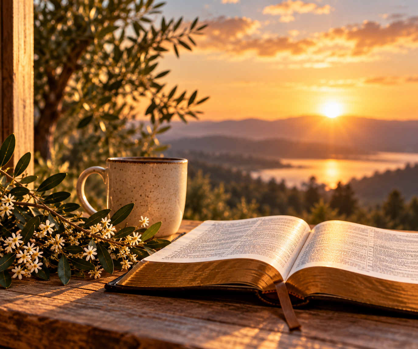 Sunrise landscape with open Bible, prayer journal, coffee cup, and flowering branches