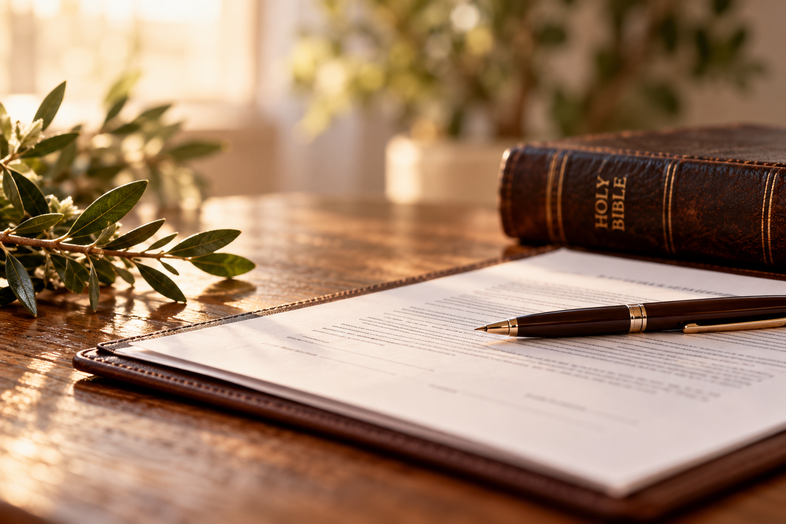 Client agreement document with Holy Bible and pen
