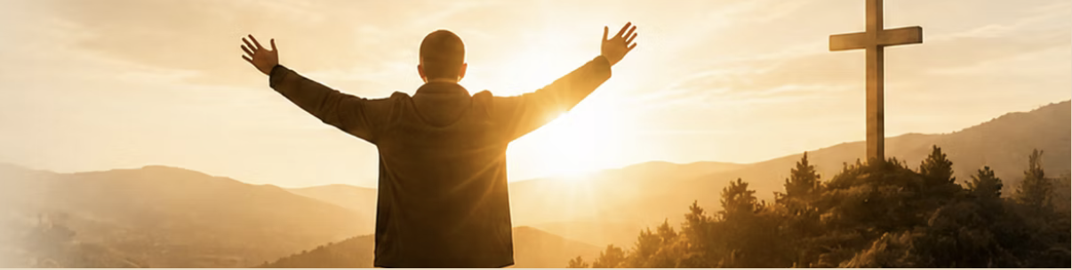 Person standing with raised arms toward sunlight with a cross
