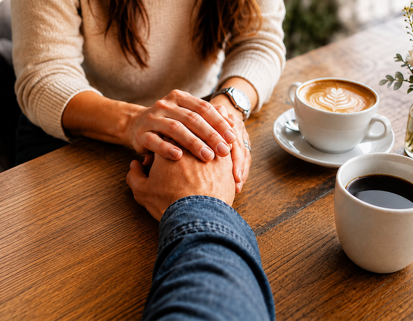 Two people holding hands across a table with coffee cups